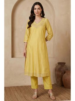 W - Yellow Embroidered Chanderi A-Line Kurta