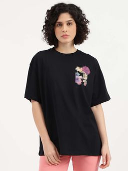United Colors of Benetton - Women Black Pure Cotton Floral T-Shirt