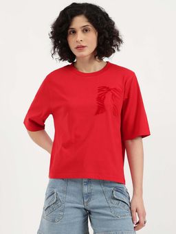 United Colors of Benetton - Women Red Pure Cotton Woven T-Shirt