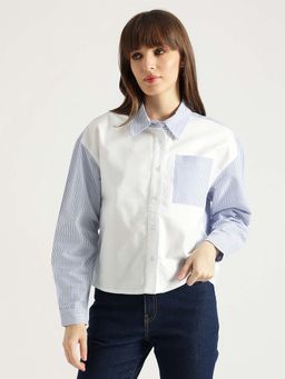 United Colors of Benetton - Women Blue Pure Cotton Stripes Shirt