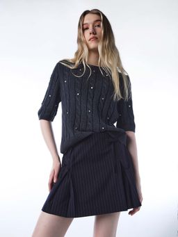 ONLY - Women Navy Blue Polyester Blend Stripes Skirt