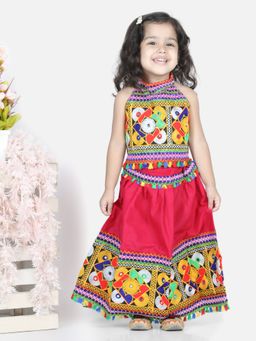 BownBee - Girls Bandhani halter neck chaniya choli - Pink (Set of 2) (1-2 Years)