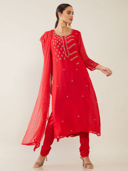 Soch - Red Georgette Embroidered Unstitched Dress Material - 3 Meter Kurta Fabric