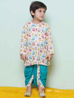 AJ Dezines - Full Sleeves Blue Owl Print Cotton Dhoti With Kurta For Boys (Set of 2)