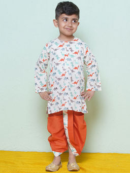 AJ Dezines - Full Sleeves Rust Animal Print Cotton Dhoti With Kurta For Boys (Set of 2)