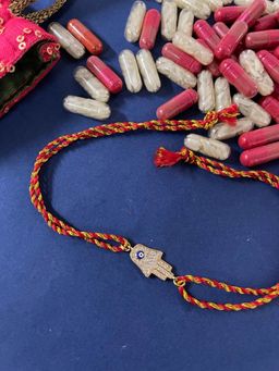 Digital Dress Room - American Diamond Rakhi Hamsa Blue Evil Eye Charm Thread Rakhi