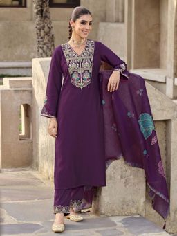 Autumnlane - Karwat Jam Purple Embroidered Sequined Kurta with Pant and Dupatta