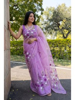 Gahan - Printed Organza Saree with Unstitched Blouse - Lavender