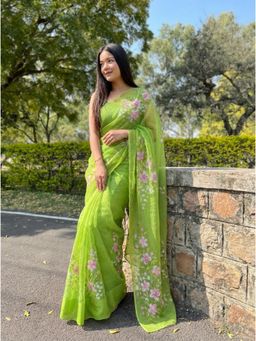 Gahan - Printed Organza Saree with Unstitched Blouse - Green