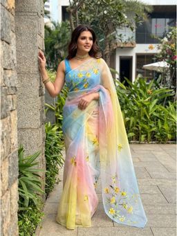 Gahan - Printed Organza Saree with Unstitched Blouse - Multi-Color