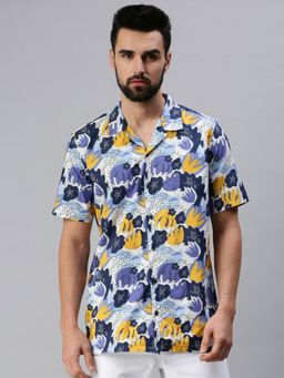 SHOWOFF - Men Casual Collar Neck Blue Floral Shirt