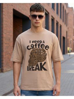 Bewakoof - Men Warm Taupe Brown Coffee Break Graphic Printed Oversized T-Shirt