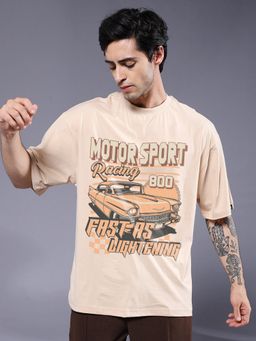 PRONK - Beige Thunder Cruise Men Graphic Oversized Printed T-Shirt