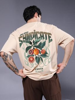 PRONK - Beige Slice Syndicate Men Graphic Oversized Printed T-Shirt