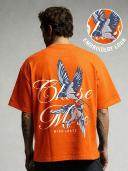 PRONK - Orange Chase More Embroidered Printed Men Oversized T-Shirt