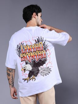 PRONK - White Strike Hawk Men Printed Oversized T-Shirt