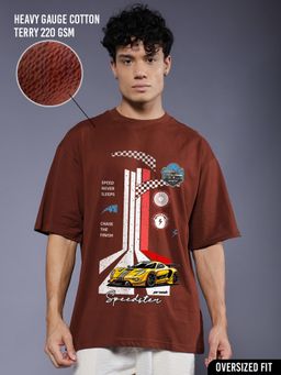 PRONK - Brown Blazeline Men Terry Printed Oversized T-Shirt