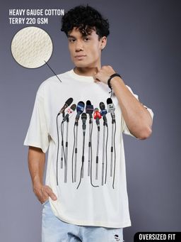 PRONK - Off White Mic Nation Men Terry Printed Oversized T-Shirt