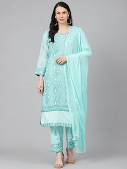 ADA - Hand Embroidered Lucknowi Chikankari Sea Green Pure Cotton Unstitched Dress Material [A211163]
