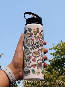 Indigifts - Good Morning Doodle Print Aluminium Sipper Water Bottle
