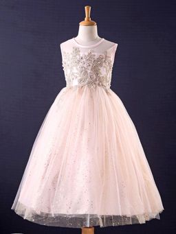 Mark & Mia - Pink Sleeveless Mid Calf Length Floral Applique Gown