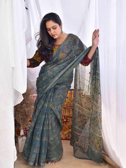 Sundarii - Megh - Ajrakh Kota Doria Embroidered Saree with Unstitched Blouse