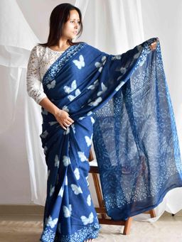 Sundarii - Titli Blue Mul Cotton Saree with Unstitched Blouse