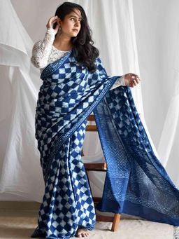 Sundarii - Patang Blue Mul Cotton Saree with Unstitched Blouse