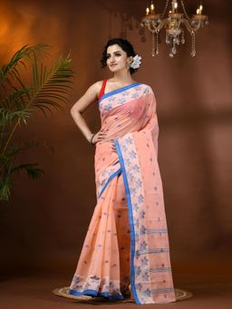 DESH BIDESH - Cotton Handloom Hand Woven Leaf Design Tant Cotton Saree without Blouse