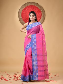 DESH BIDESH - Cotton Handloom Hand Woven Leaf Design Tant Cotton Saree without Blouse
