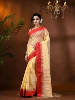 DESH BIDESH - Handloom Cotton Tant Lotus Bud Design Cotton Hand Woven Saree without Blouse