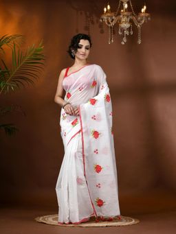 DESH BIDESH - Handloom Rose Cotton Silk Embroidery Work Saree with Unstitched Blouse