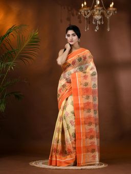DESH BIDESH - Bengal Tant Tree Print Design Pure Handloom Cotton Saree without Blouse