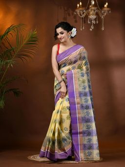 DESH BIDESH - Bengal Tant Tree Print Design Pure Handloom Cotton Saree without Blouse