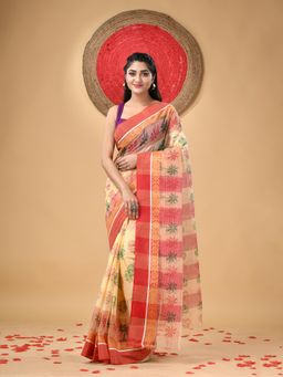 DESH BIDESH - Bengal Tant Tree Print Design Pure Handloom Cotton Saree without Blouse