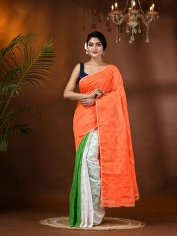 DESH BIDESH - Handloom Pure Cotton Dhakai Jamdani Tri Color Saree without Blouse