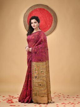 DESH BIDESH - Cotton Blend Tribal Warli Print Half Half Design Handloom Saree with Unstitched Blouse