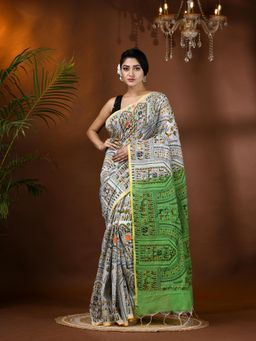 DESH BIDESH - Cotton Blend Tribal Warli Print Half Half Design Handloom Saree with Unstitched Blouse