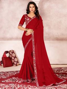 Sareemall - Women's Chiffon Red Embellished Designer Saree with Unstitched Blouse