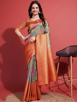 Akhilam - Women's Silk Blend Red Woven Design Designer Saree with Unstitched Blouse
