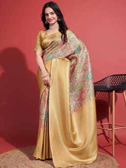 Akhilam - Women's Silk Blend Beige Woven Design Designer Saree with Unstitched Blouse