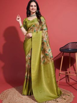 Akhilam - Women's Silk Blend Green Woven Design Designer Saree with Unstitched Blouse