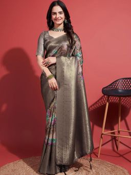 Akhilam - Women's Silk Blend Brown Woven Design Designer Saree with Unstitched Blouse