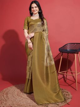 Akhilam - Women's Silk Blend Beige Woven Design Designer Saree with Unstitched Blouse