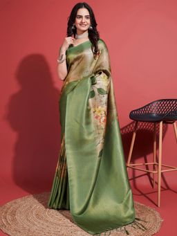 Akhilam - Women's Silk Blend Beige Woven Design Designer Saree with Unstitched Blouse