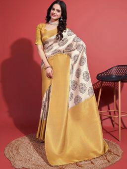 Akhilam - Women's Silk Blend Cream Woven Design Designer Saree with Unstitched Blouse
