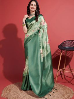 Akhilam - Women's Silk Blend Light Green Woven Design Designer Saree with Unstitched Blouse