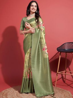 Akhilam - Women's Silk Blend Light Green Woven Design Designer Saree with Unstitched Blouse