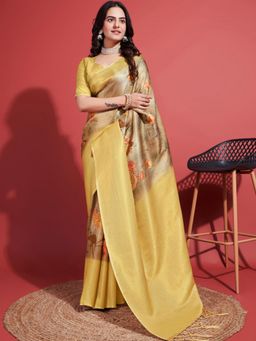 Akhilam - Women's Silk Blend Beige Woven Design Designer Saree with Unstitched Blouse