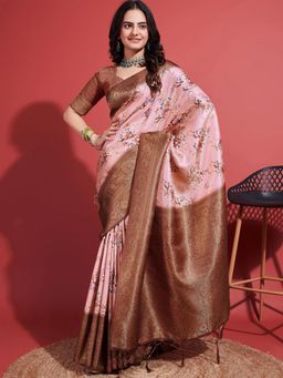 Akhilam - Women's Silk Blend Rose Gold Woven Design Designer Saree with Unstitched Blouse